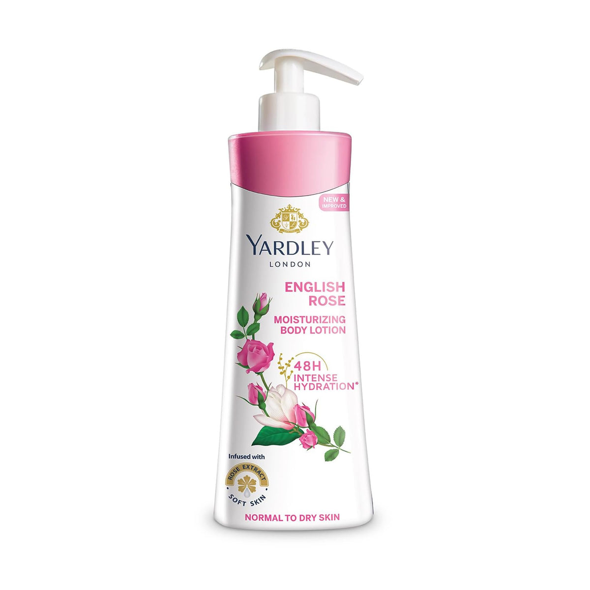Yardley English Rose front bottle showing label and rose fragrance benefit