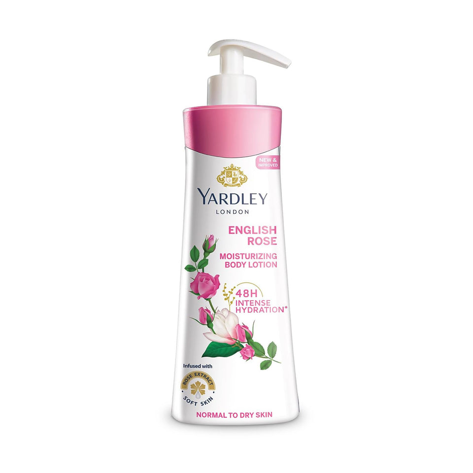 Yardley English Rose front bottle showing label and rose fragrance benefit