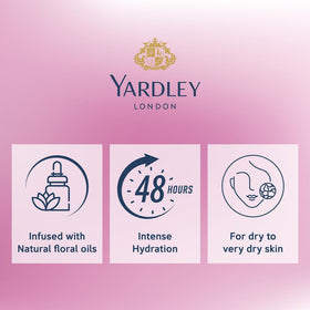 Yardley English Rose 400 ml bottle in hand showing generous size benefit