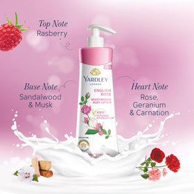 Yardley English Rose being applied to forearm showing instant softening benefit