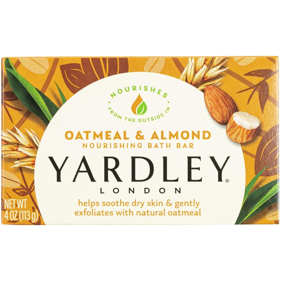 Yardley front packaging showing oat and almond ingredients and calming scent