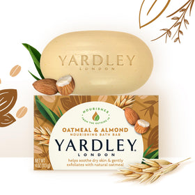 Yardley almond oil bottle with soap highlighting nourishing almond hydration