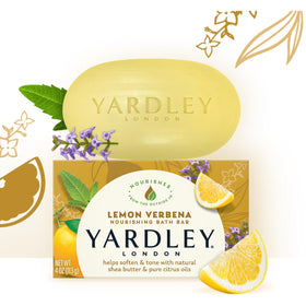 Yardley Lemon Verbena rich foam on pouf illustrating lather that cleanses gently