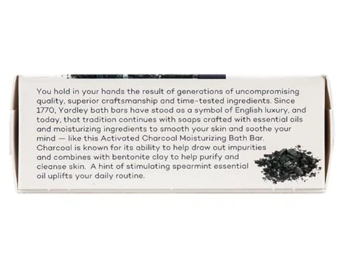 Back label of Yardley London bar revealing ingredients and usage guidance for shopper confidence
