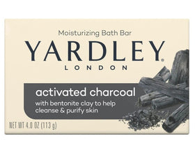 Single Yardley London charcoal bar resting on a soap dish, highlighting portability and neat storage