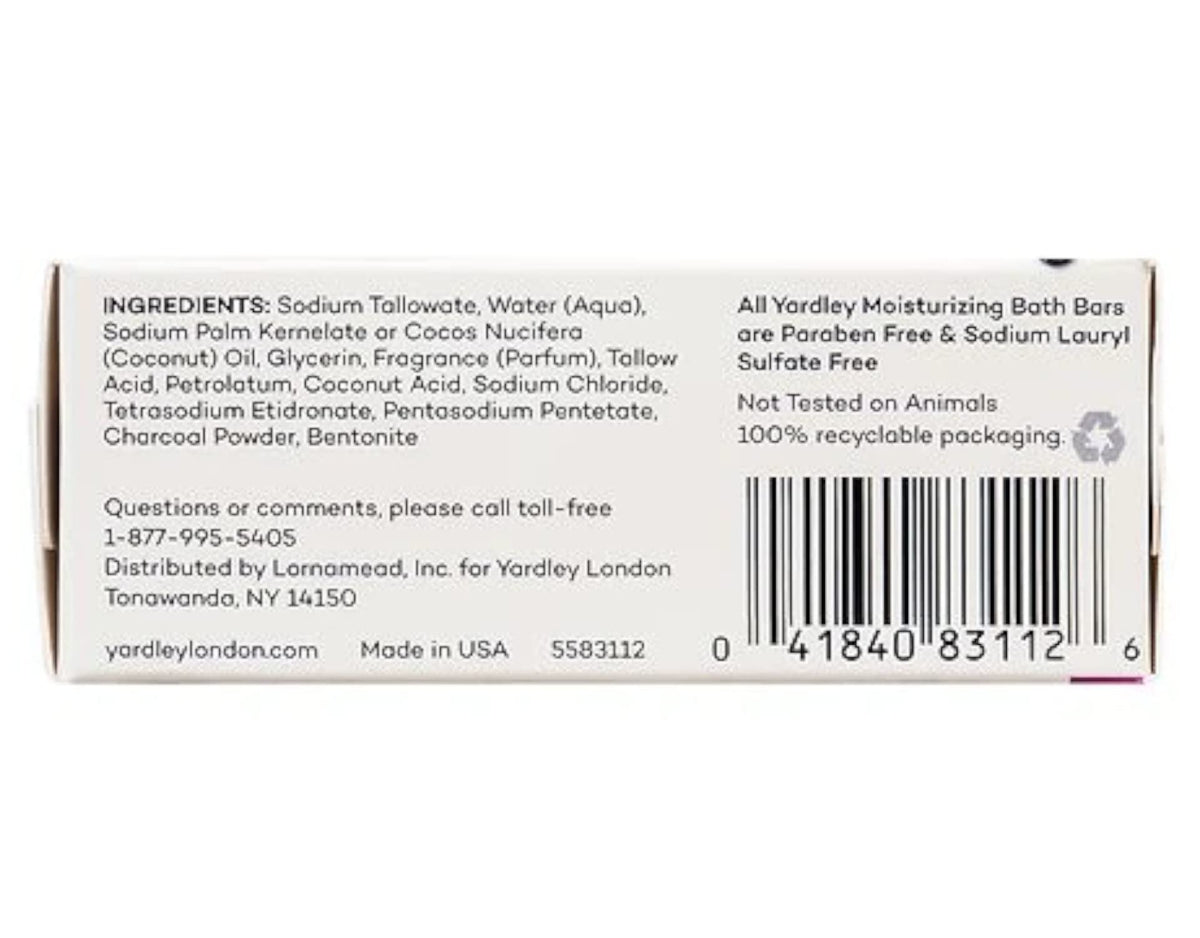 Yardley London 4 oz bar held in hand to show size and convenient travel-friendly dimensions