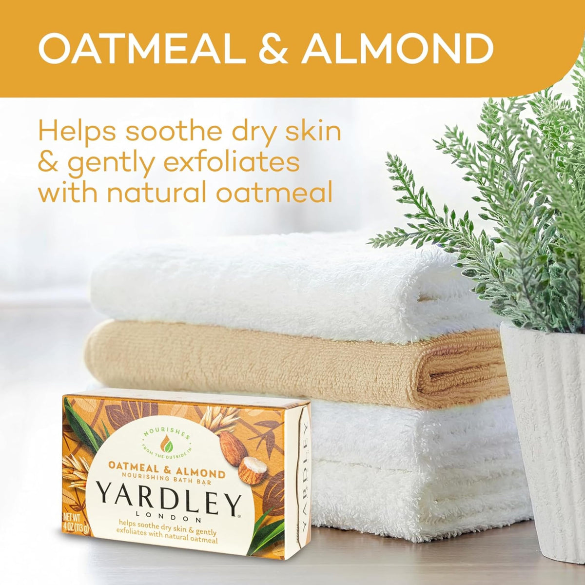 Yardley bar close-up texture revealing oat particles for gentle exfoliation