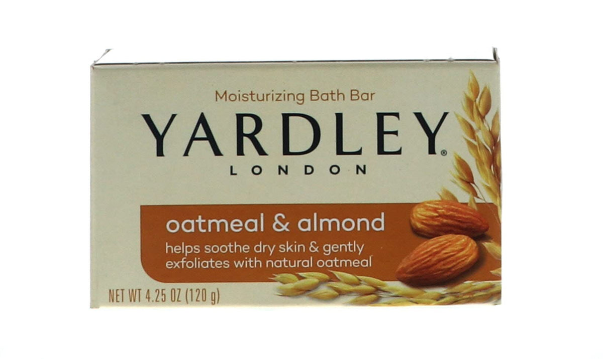 HARMONY Yardley front packaging of four oat and almond soap bars showing value pack and branding benefits