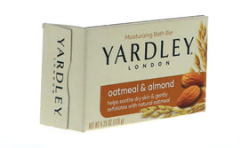 HARMONY Yardley almond oil bottle and oats staged to highlight natural ingredients and skin nourishment