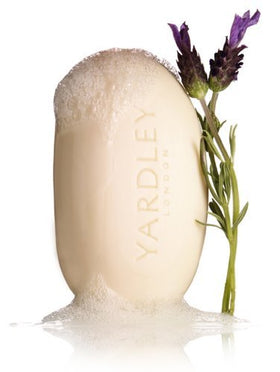 Yardley soap on dish in bathroom styled for a calm, spa-like experience