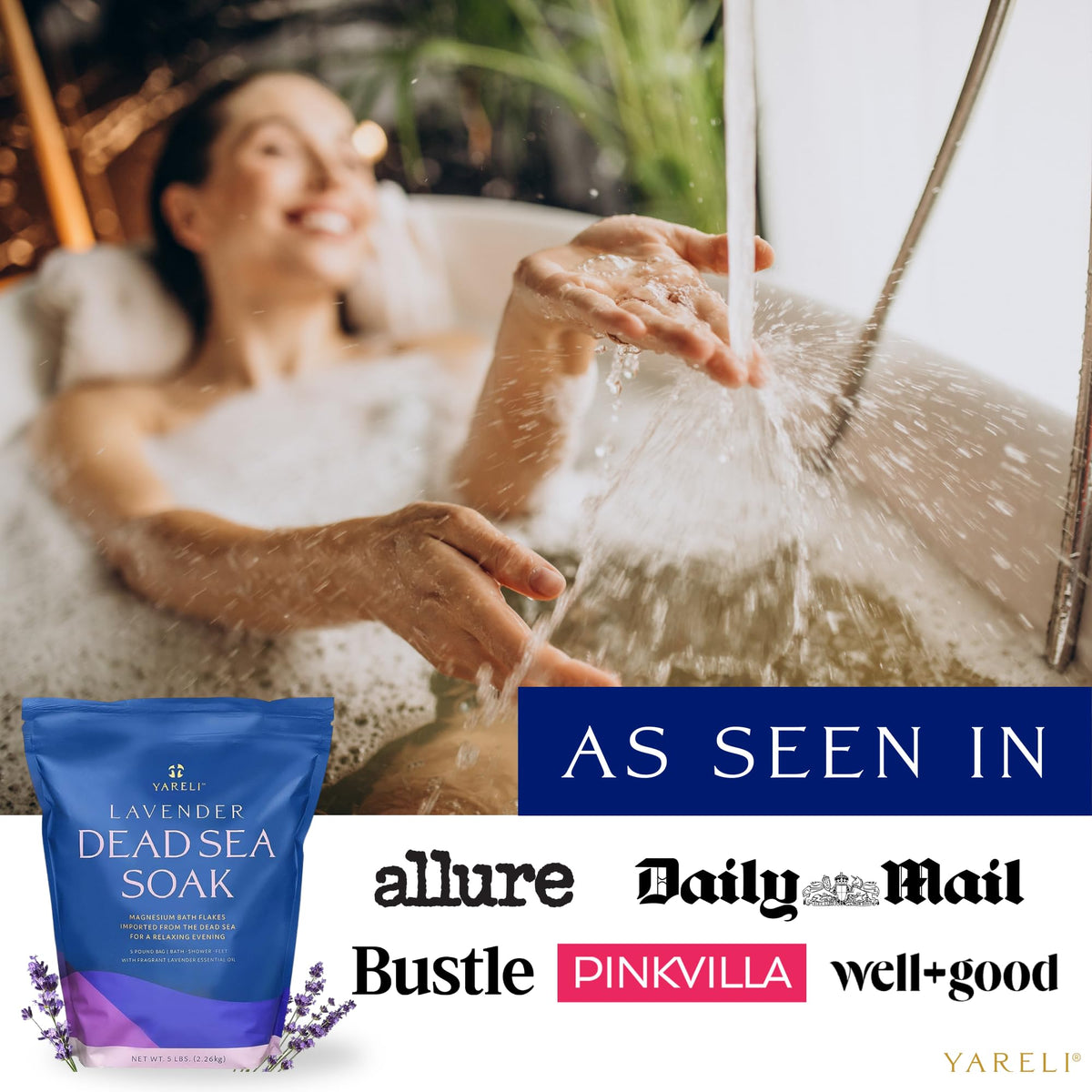 YARELI flakes dissolving in bath water demonstrating fast dissolution and relaxation