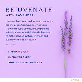 YARELI bathtub lifestyle scene conveying calming lavender-soaked bathing ritual