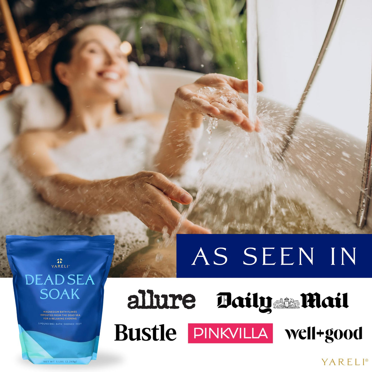 YARELI flakes dissolving in warm bath water illustrating smooth mineral-rich soak