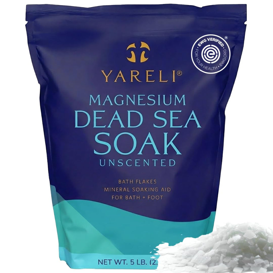 YARELI front of bag showing 5 lb unscented magnesium flakes, clear packaging benefit relaxation