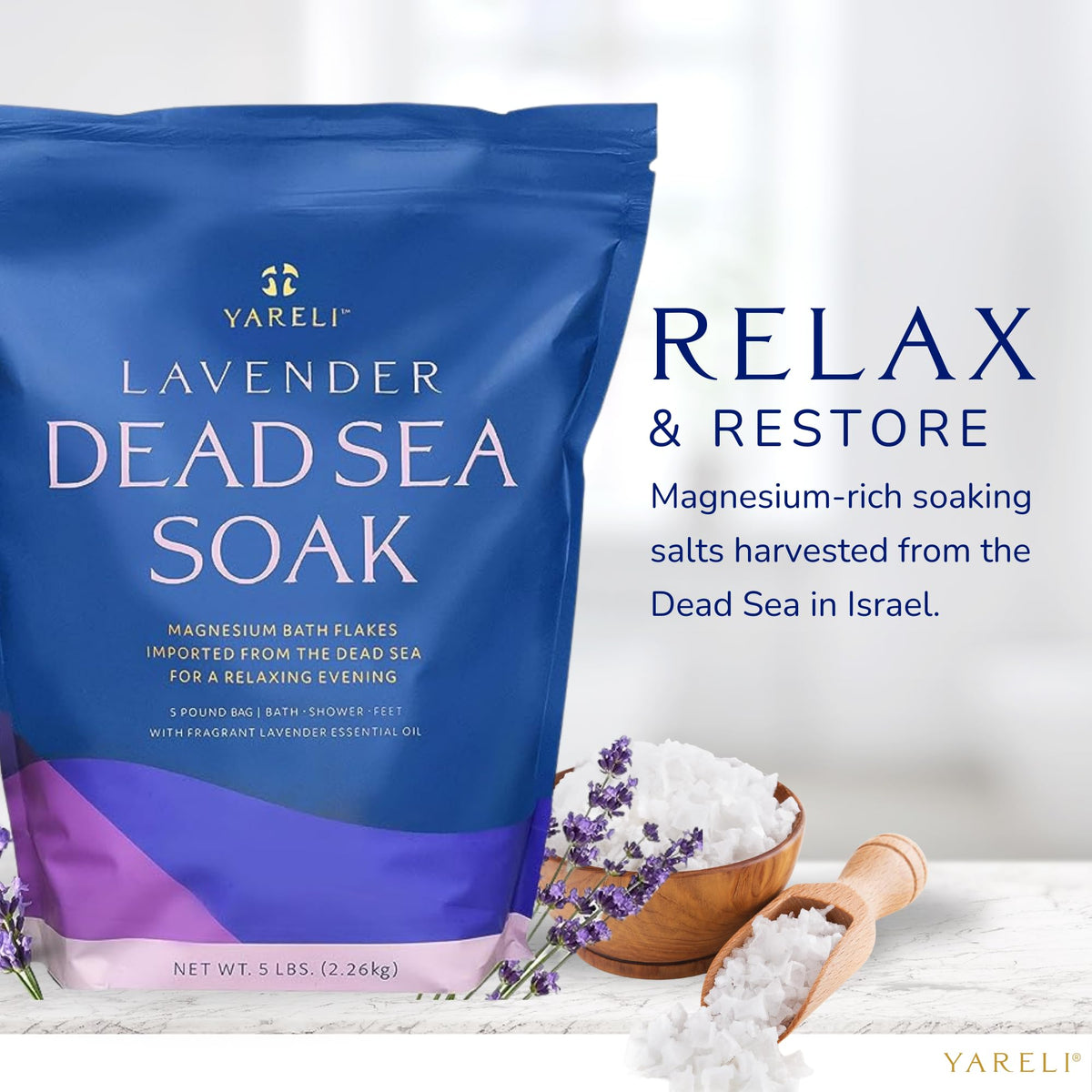 YARELI measuring cup with flakes illustrating recommended bath dosage