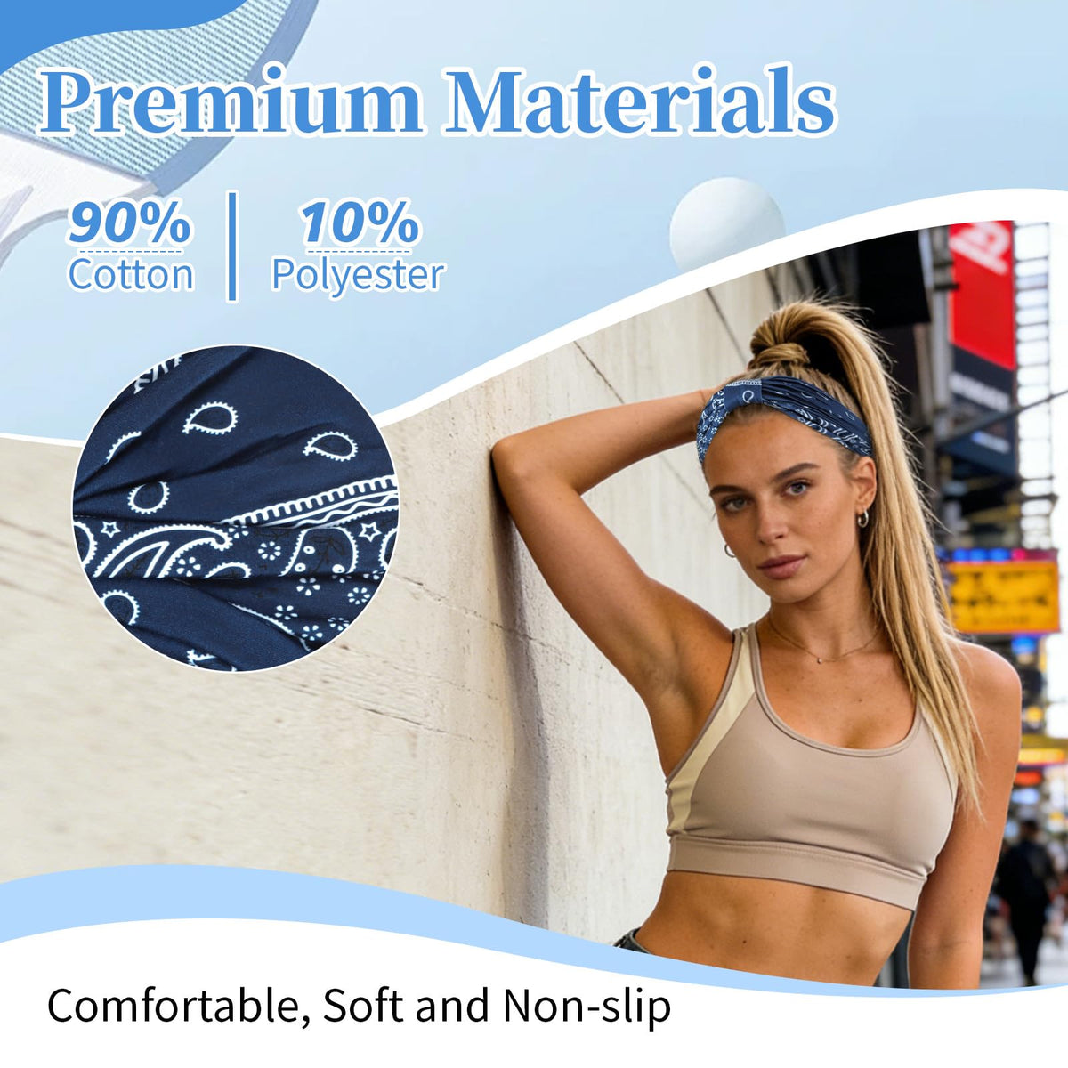YARIEW stretched headband on hand shows elasticity and flexible fit benefit