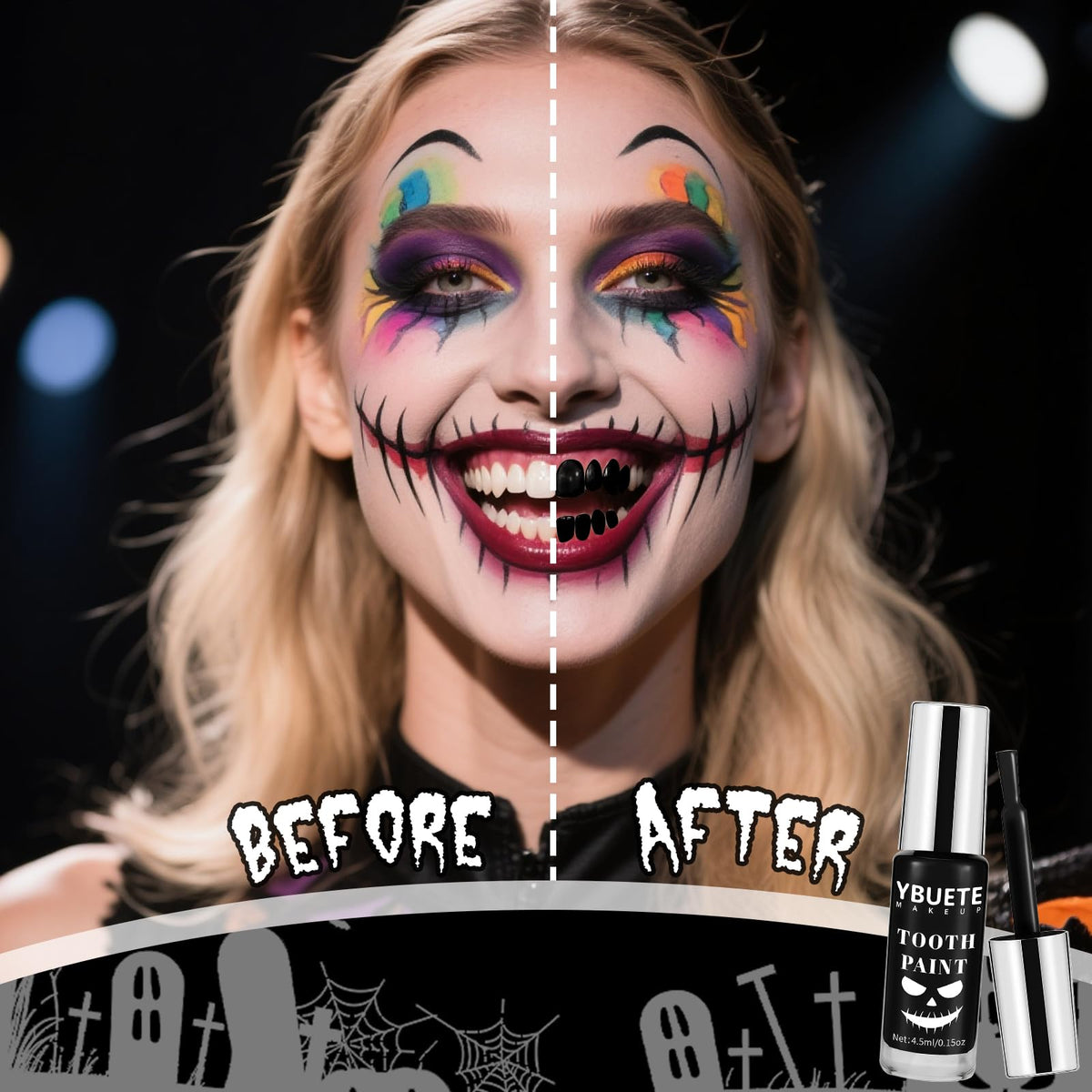 YBUETE before and after teeth comparison showing dramatic transformation benefit