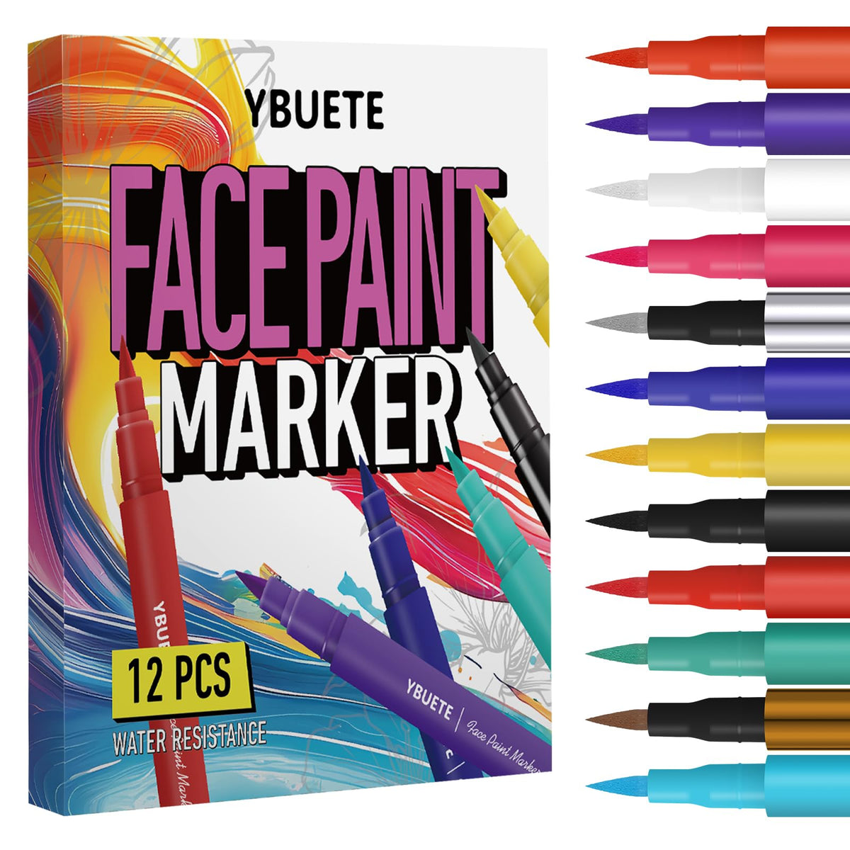 YBUETE front packaging showing 12-color set and clear product view for easy selection