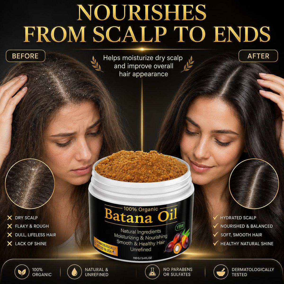 YBW Batana jar label close-up highlighting natural ingredients
