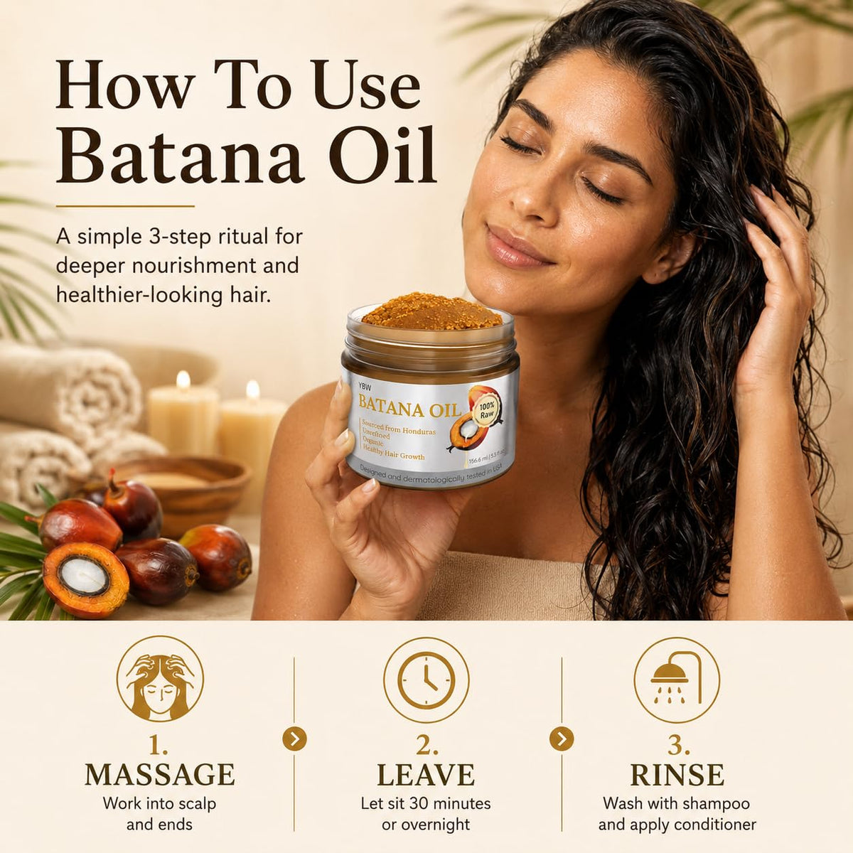YBW Batana oil with Honduran beach sourcing image emphasizing authentic origin benefit