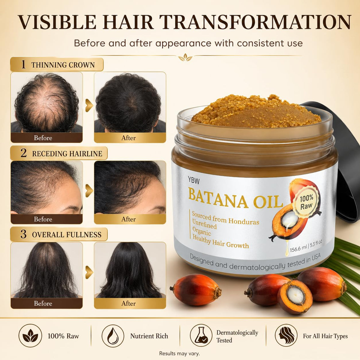 YBW Batana oil melting in hands demonstrating easy application and improved manageability