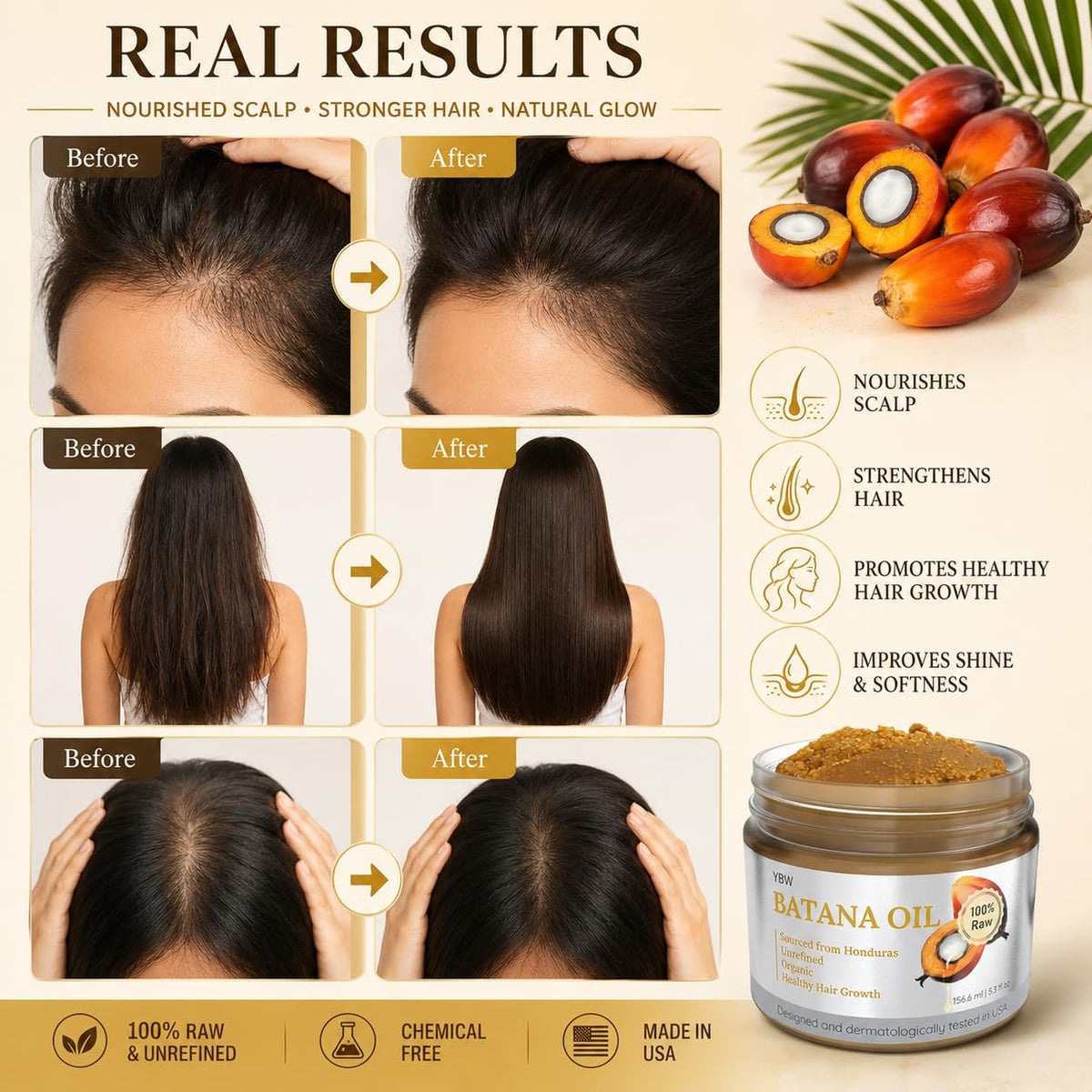 YBW Batana oil open jar with clear label detail showing raw ingredients benefit