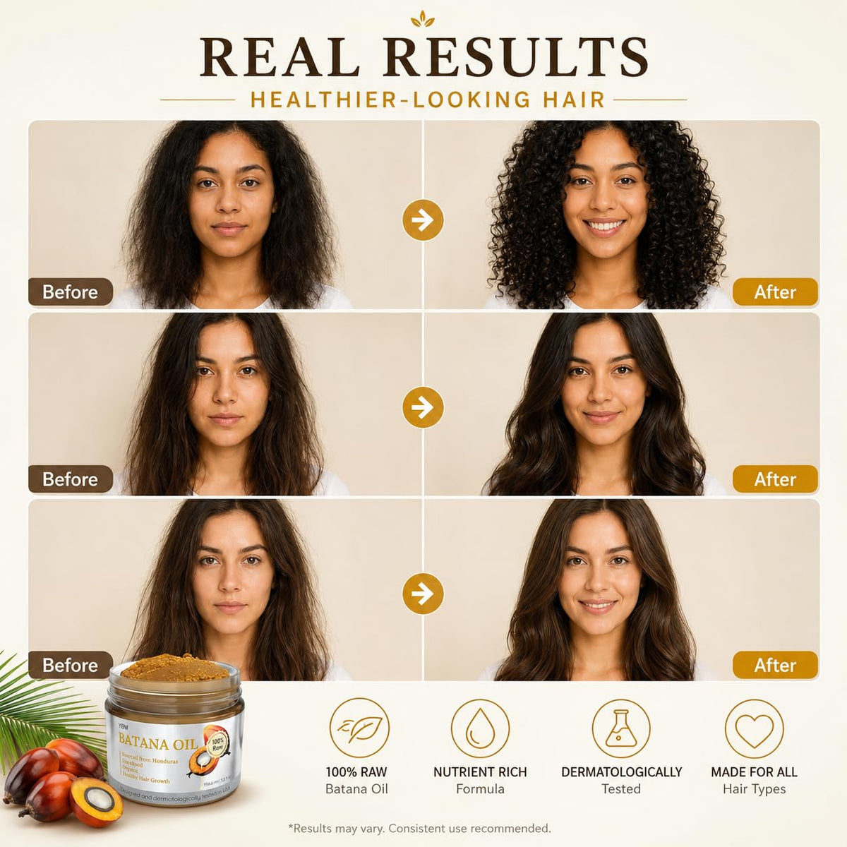 YBW Batana oil used for styling showing smooth, frizz-free finish benefit