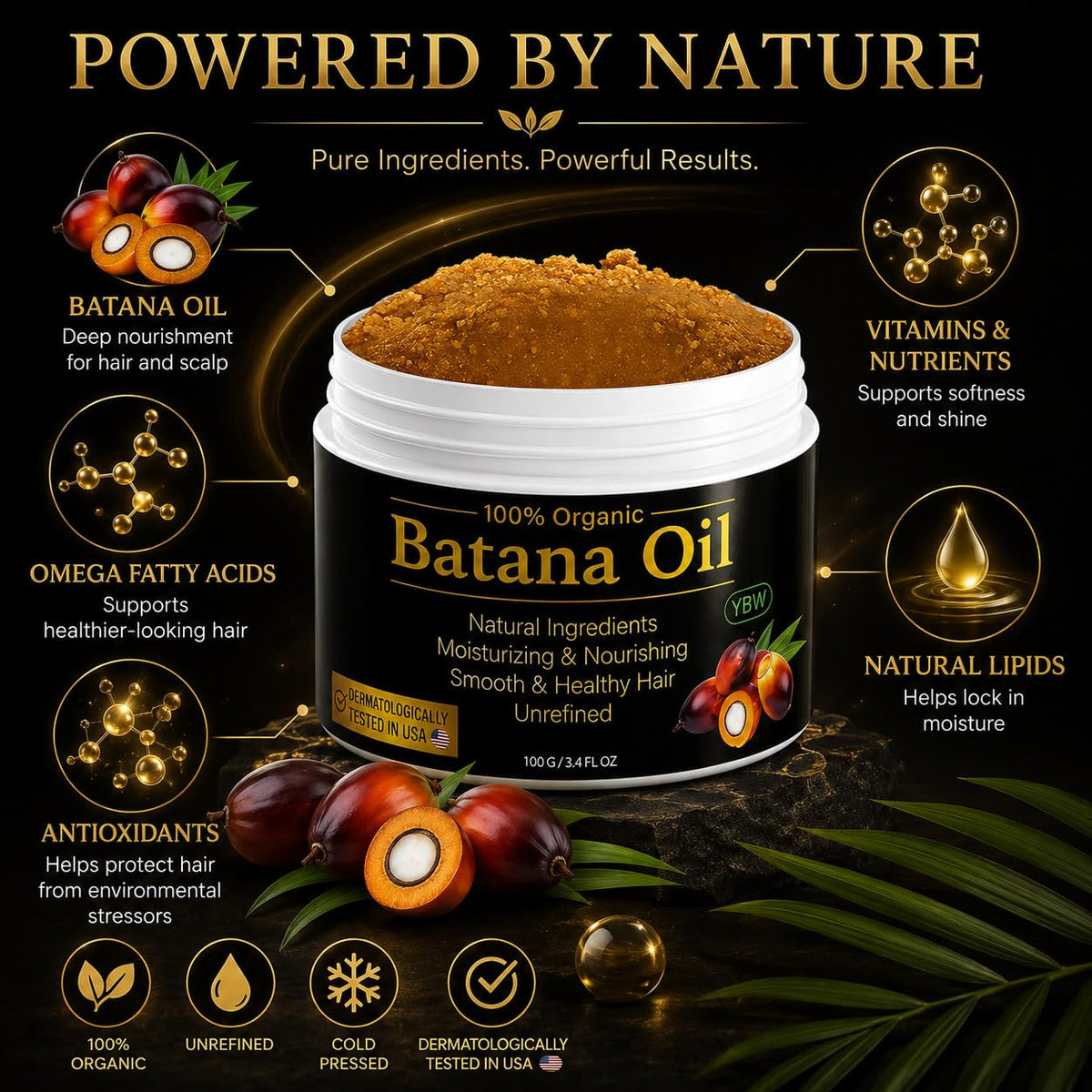 YBW Batana next to common items showing actual product size