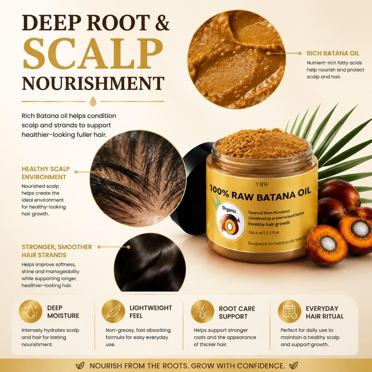 YBW warmed batana paste in hands demonstrating easy application and nourishment