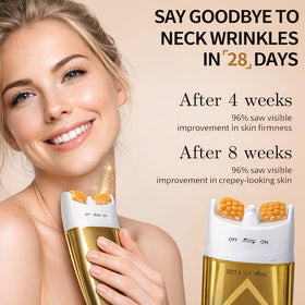 Ycz applying cream to neck with roller, promoting firmer neck contour
