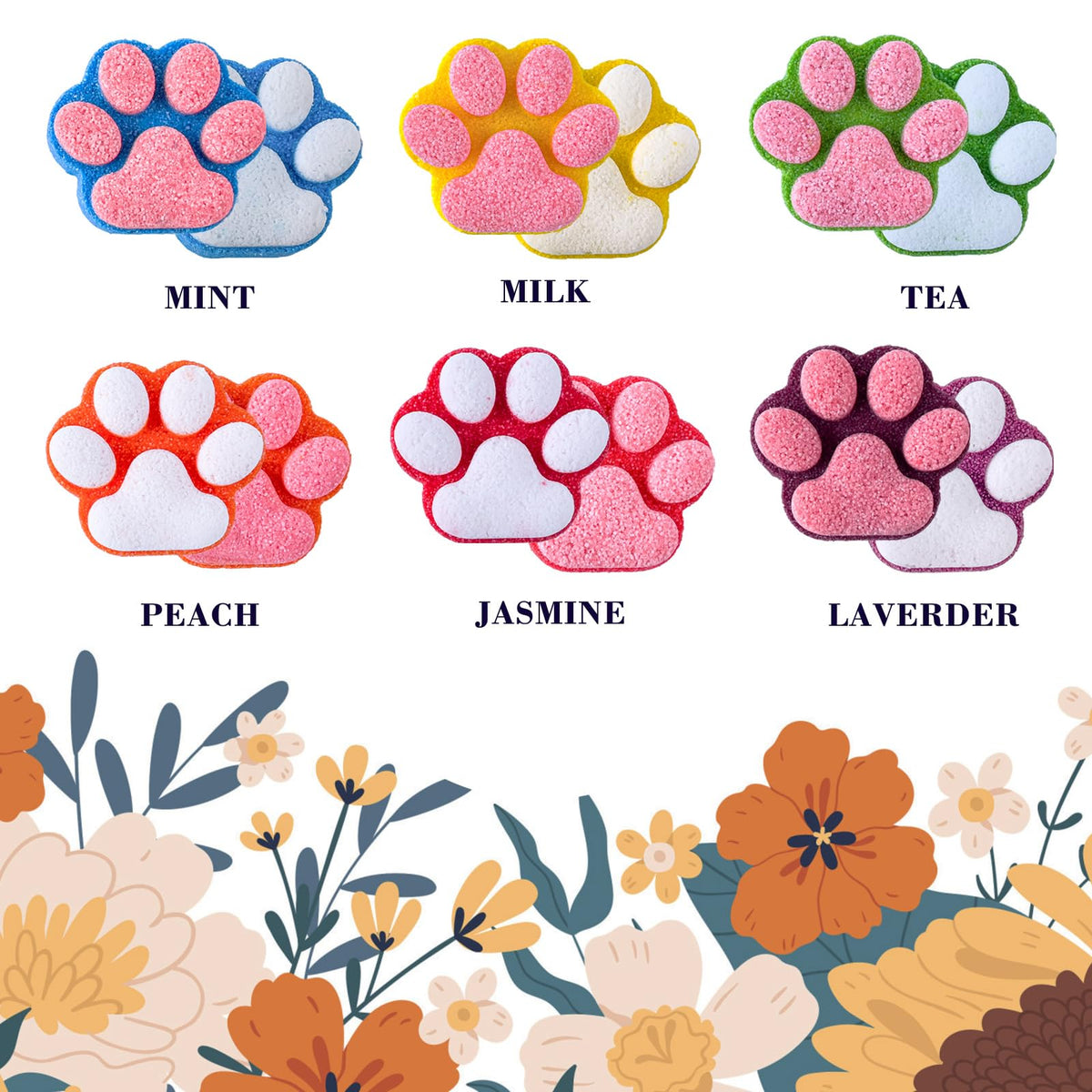 Yekery close-up of paw-shaped bath bomb texture and color variety