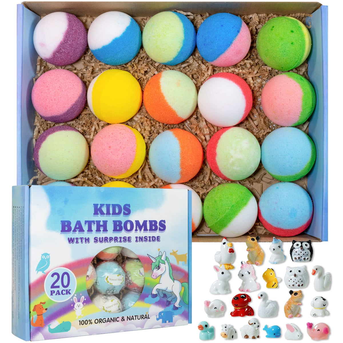 Yekery front packaging showing 20-piece gift box and colorful wrapped bombs for gifting