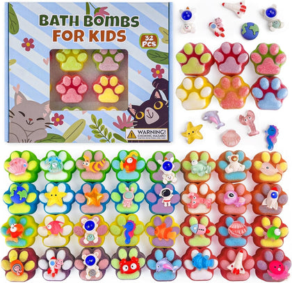 Yekery front packaging showing 32 paw bath bombs, bright gift-ready presentation