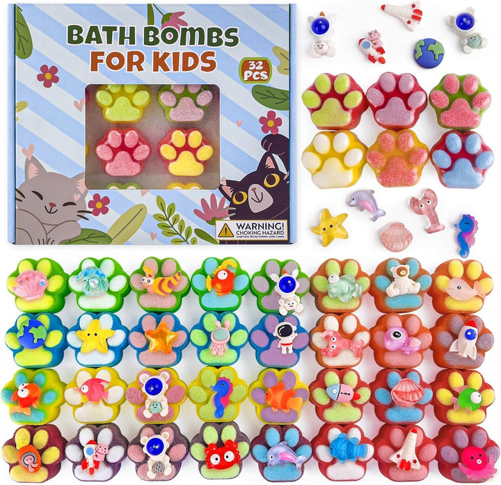 Yekery front packaging showing 32 paw bath bombs, bright gift-ready presentation