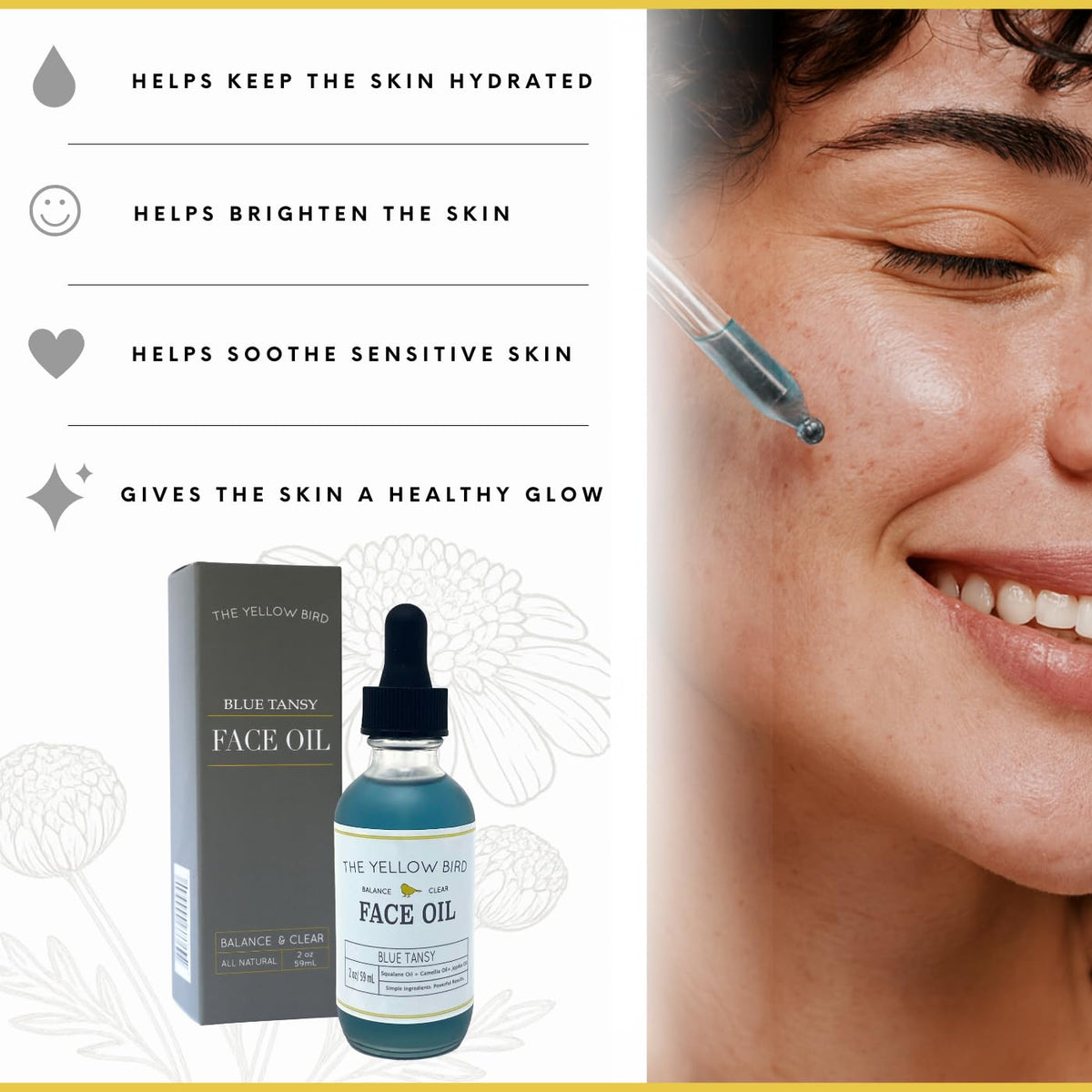 Yellow Bird applying a few drops to hand demonstrating easy application