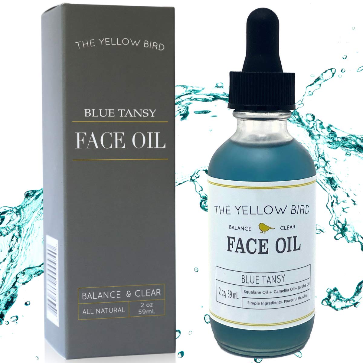 Yellow Bird front bottle showing label and calming blue oil benefit