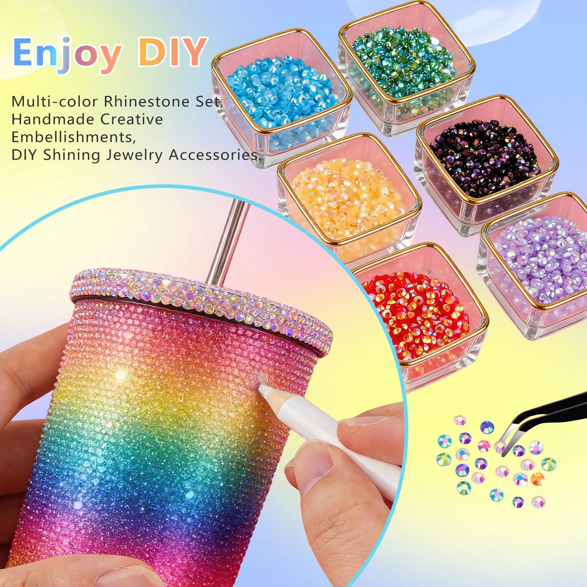 Yenamo tools and B7000 glue displayed for precise gem placement and adhesion