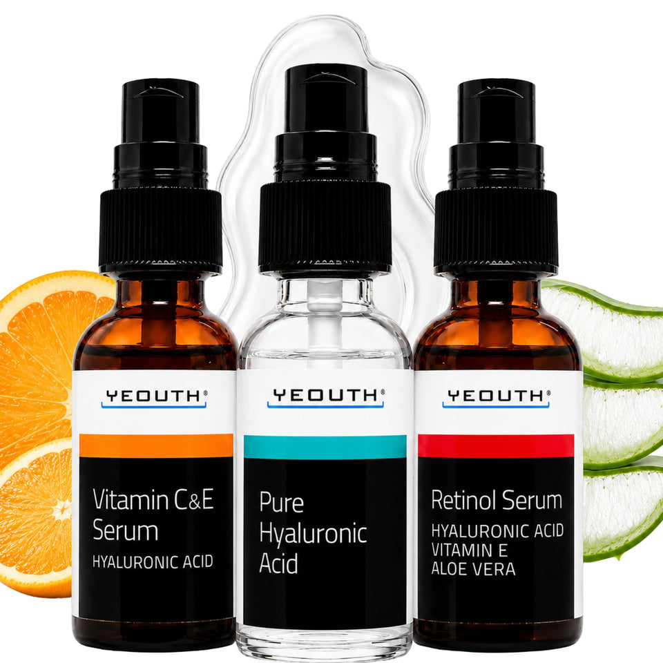 YEOUTH front packaging showing three serums and kit benefits