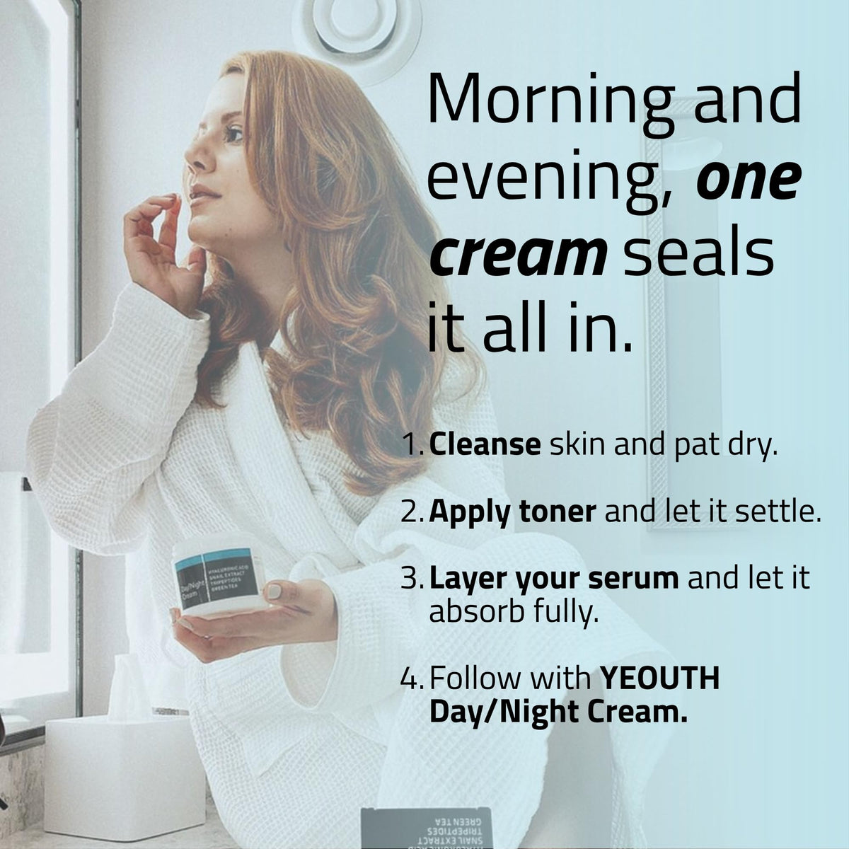 YEOUTH jar on bathroom vanity styled for morning skincare routine benefits