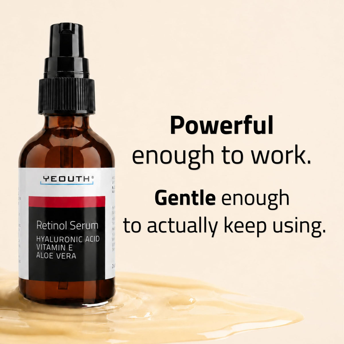 YEOUTH retinol serum texture droplet on fingertip, highlights lightweight hydration