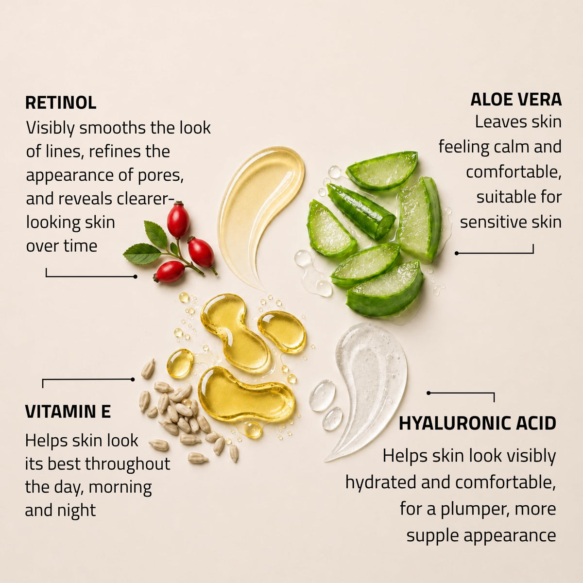 YEOUTH retinol serum ingredient label close-up, displays hyaluronic acid and vitamin E benefits