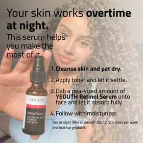 YEOUTH retinol serum on bathroom counter at night, suggests simple nighttime skincare ritual