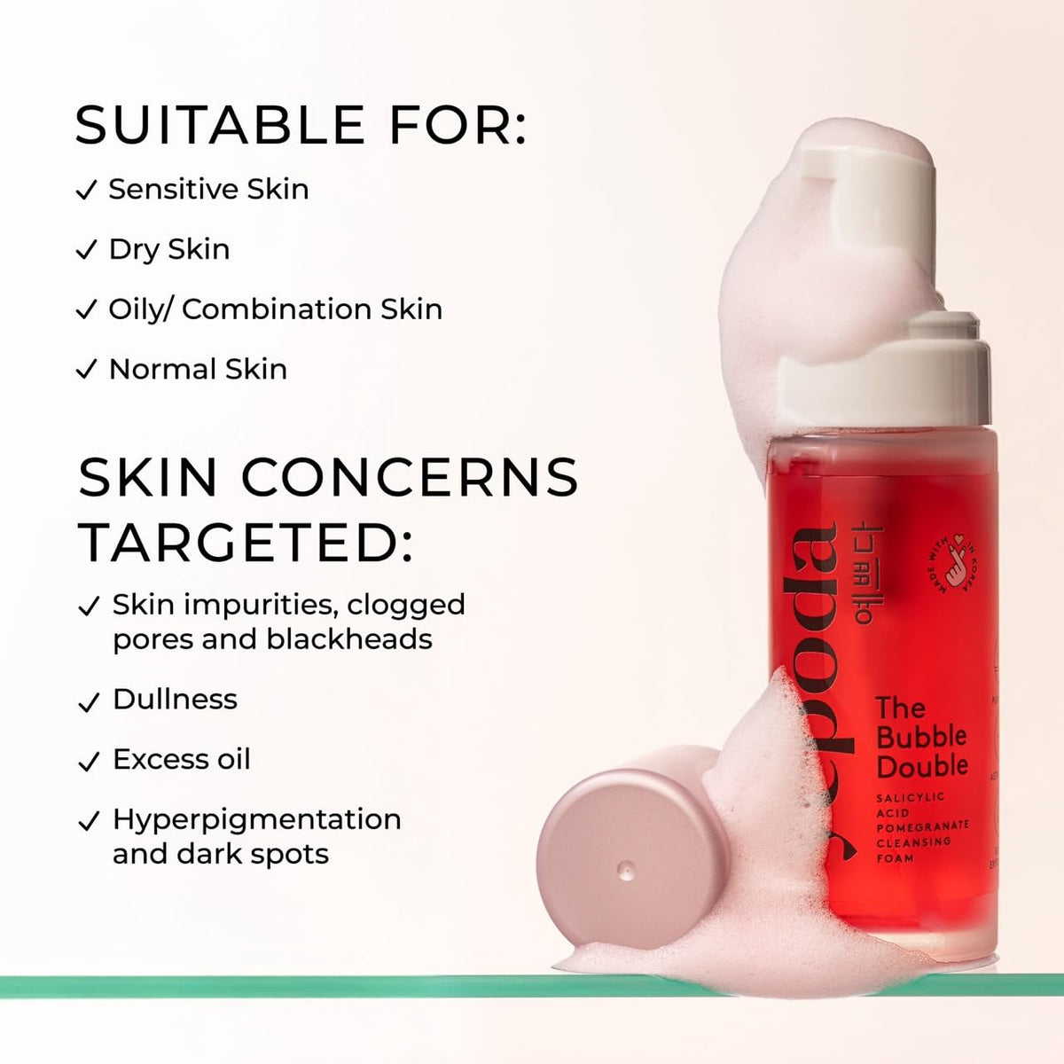 Yepoda close-up label highlighting salicylic acid and pomegranate benefits
