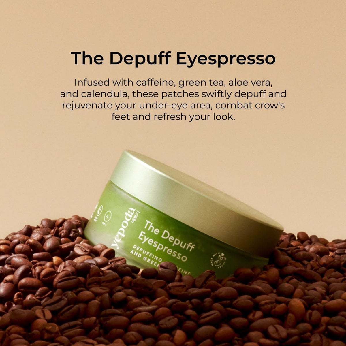 Yepoda open jar displaying stacked hydrogel eye patches and visible product quantity