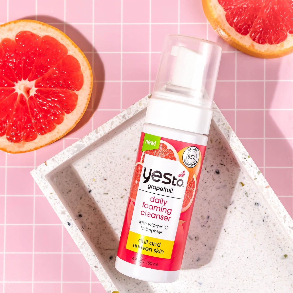 Yes To grapefruit cleanser applied to face demonstrating removal benefit