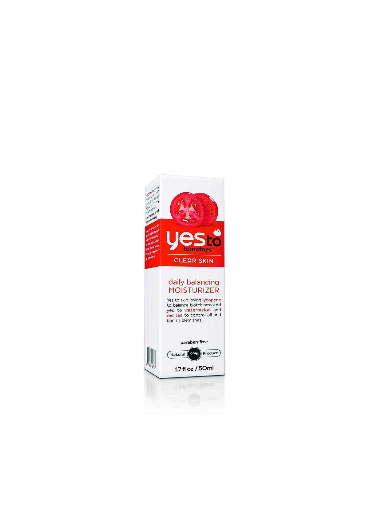 Yes To Tomatoes applied on hand in bathroom setting demonstrating balanced, non-greasy finish