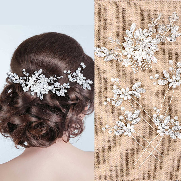 Yeshone front view of comb and four pins showing elegant silver finish and styling benefit