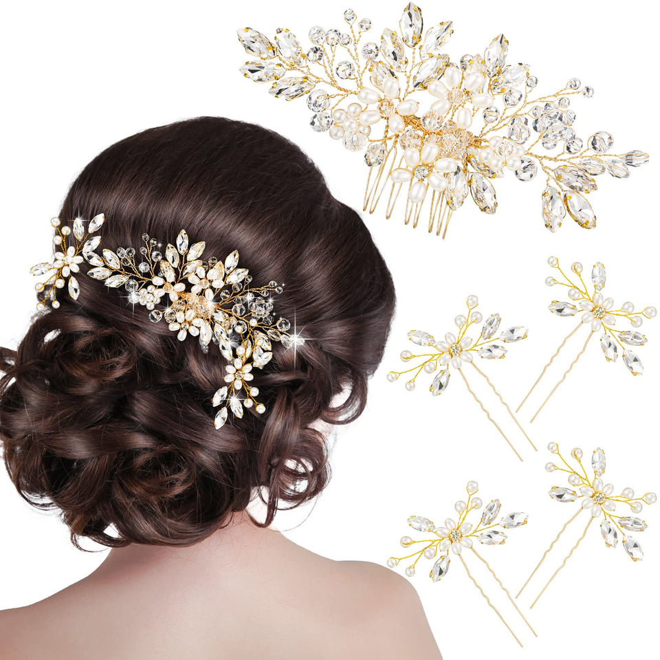 Yeshone front view of gold comb and four pins showing elegant set benefits