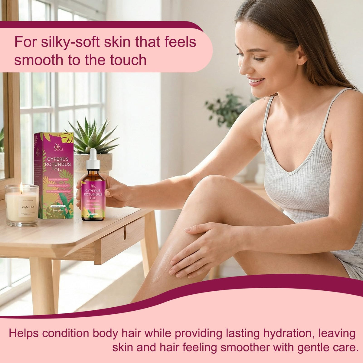 YFDSRF applied to leg after waxing to illustrate soothing and calming benefits