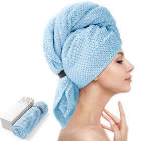 YFONG front view of blue large hair towel wrap showing full size and color benefit quick drying